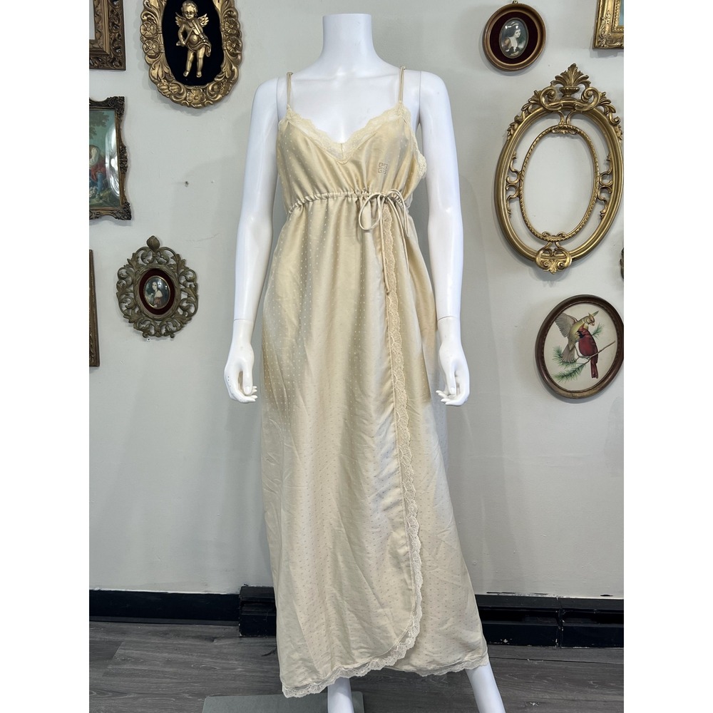 Vintage Givenchy Intimité Champagne Satin Lace Trim Wrap Nightgown Slip Dress L